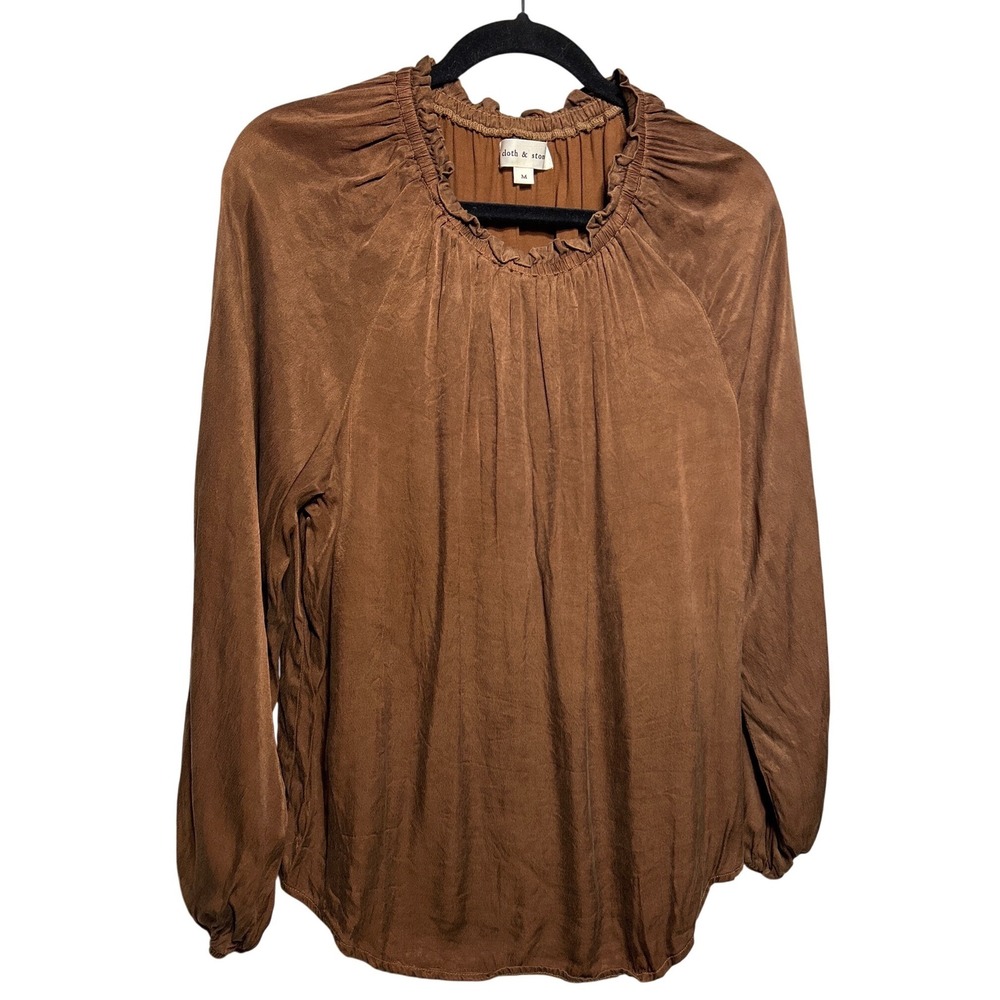 Cloth & Stone Brown Ruffle Neck Long Sleeve Blouse Top‎ Brown Size Medium